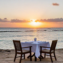 Caribbean Holidays, Dominican Honeymoons, Romantic open-air restaurant table for two overlooking the Caribbean Sea at sunset in the Dominican Republic