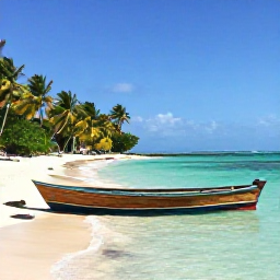 Caribbean Holidays, Dominican Instagram Hotspots, A picturesque view of Saona Island with a wooden boat, shallow turquoise sea, palm-fringed beach and clear October sunshine