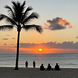 Caribbean Holidays, Dominican Instagram Hotspots, A relaxed sunset scene at a Dominican Republic beach in October, with palm silhouettes, glowing clouds and travellers photographing the horizon