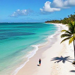 Caribbean Holidays, Dominican Instagram Hotspots, A vibrant aerial view of Punta Cana beach in October, with turquoise water, palm trees and a traveller taking photographs