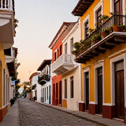 Caribbean Holidays, Dominican Instagram Hotspots, Colourful colonial buildings and cobbled streets in Santo Domingo&rsquo;s Zona Colonial, with balconies, tropical plants and warm evening light