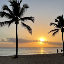 Caribbean Holidays, Dominican Instagram Hotspots, Sunset over a palm-fringed beach in the Dominican Republic, warm golden light, calm sea and silhouettes of people walking