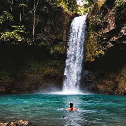 Caribbean Holidays, Dominican Instagram Hotspots, Waterfall surrounded by lush tropical forest in the Dominican Republic, with a traveller swimming in a clear natural pool