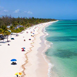 Caribbean Holidays, Dominican Instagram Spots, Aerial view of Punta Cana's turquoise sea, white sand beach, palm trees and colourful beach umbrellas in bright Caribbean sunshine