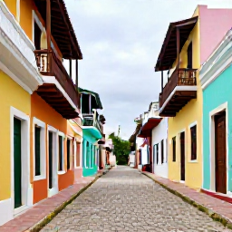Caribbean Holidays, Dominican Instagram Spots, Colourful colonial street in Santo Domingo&rsquo;s Zona Colonial, Dominican Republic, with pastel buildings, balconies and cobbled paving
