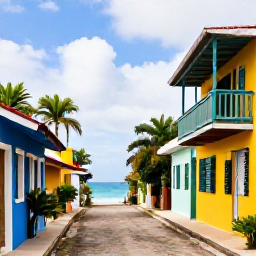 Caribbean Holidays, Dominican Instagram Spots, Colourful wooden houses and tropical plants on a quiet street in Las Galeras, Dominican Republic, with a glimpse of the Caribbean sea