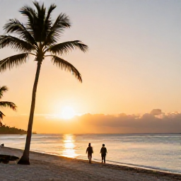 Caribbean Holidays, Dominican Instagram Spots, Golden sunset over a calm Caribbean beach in the Dominican Republic, with silhouettes of palm trees and a couple walking along the shore