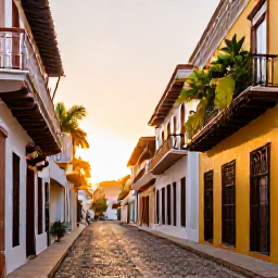 Caribbean Holidays, Dominican Instagram Spots, Historic colourful colonial street in Santo Domingo's Zona Colonial, with cobbled paving, balconies, tropical plants and golden evening light