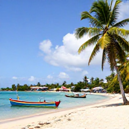 Caribbean Holidays, Dominican Instagram Spots, Las Terrenas beach with tall palm trees, colourful fishing boats, clear water and a relaxed Dominican village atmosphere