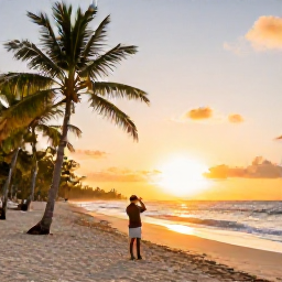Caribbean Holidays, Dominican Instagram Spots, Palm-fringed white sand beach at sunrise in Punta Cana, Dominican Republic, with a traveller taking a photograph