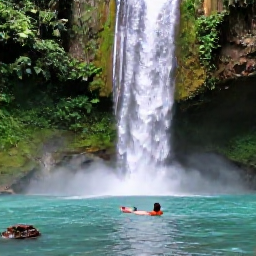 Caribbean Holidays, Dominican Instagram Spots, Turquoise waterfall pool surrounded by lush green forest in the Dominican Republic, with a visitor swimming beneath the cascade