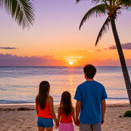 Caribbean Holidays, Dominican January, A happy family watching a colourful sunset over the Dominican Republic coastline, with palm silhouettes and calm sea