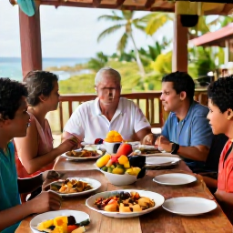 Caribbean Holidays, Dominican January, A relaxed family dinner at a welcoming Dominican Republic restaurant, with colourful local food, fresh fruit and a friendly tropical atmosphere