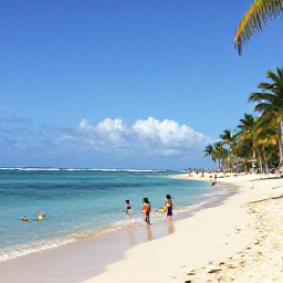 Caribbean Holidays, Dominican January, A sunny family-friendly beach in Punta Cana, Dominican Republic, with calm turquoise water, soft sand, palm trees and children paddling near the shore