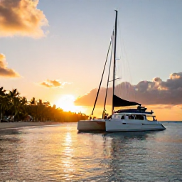 Caribbean Holidays, Dominican January, Couple enjoying a sunset catamaran cruise along the Dominican Republic coastline with calm sea and palm-fringed shore