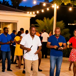 Caribbean Holidays, Dominican January, Dominican musicians playing merengue and bachata at an outdoor January celebration, with dancers and warm evening lights