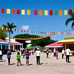 Caribbean Holidays, Dominican January, Dominican Republic Three Kings celebration with children, families and colourful traditional decorations in a sunny town square