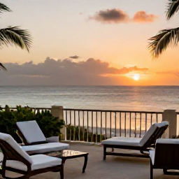 Caribbean Holidays, Dominican January, Elegant beachfront resort terrace overlooking a calm Caribbean sea at sunset in the Dominican Republic