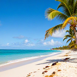 Caribbean Holidays, Dominican January, Golden sandy beach with turquoise Caribbean water, palm trees and bright January sunshine in Punta Cana