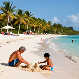 Caribbean Holidays, Dominican January, Parents and children enjoying a calm Dominican Republic beach, building sandcastles, swimming in clear shallow water and relaxing beneath palm trees