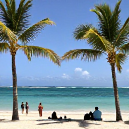 Caribbean Holidays, Dominican January, Sunny Dominican Caribbean beach in January with palm trees, calm turquoise water and visitors enjoying a relaxed cultural holiday