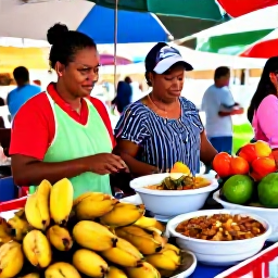 Caribbean Holidays, Dominican January, Traditional Dominican food market with tropical fruit, plantains, local dishes and friendly vendors