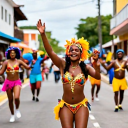 Caribbean Holidays, Dominican July Holidays, Colourful Dominican Republic carnival dancers performing in a lively town street during July