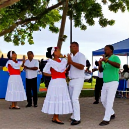 Caribbean Holidays, Dominican July Holidays, Traditional Dominican merengue musicians and dancers performing outdoors at a cultural festival