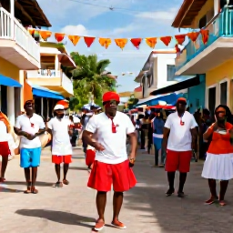 Caribbean Holidays, Dominican June Holidays, Colourful Dominican Republic street festival in June with musicians, dancers and local decorations in warm Caribbean sunlight