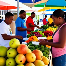 Caribbean Holidays, Dominican June Holidays, Fresh Dominican market in June with tropical fruit, vegetables, spices and local people shopping in a bright outdoor setting