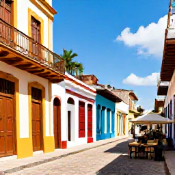 Caribbean Holidays, Dominican June Holidays, Historic Santo Domingo street with colonial buildings, colourful doors and relaxed outdoor caf&eacute;s during a sunny June afternoon