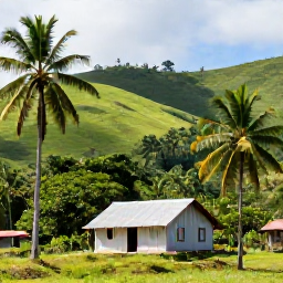 Caribbean Holidays, Dominican June Holidays, Lush Dominican Republic countryside near a village in June, with palm trees, green hills and a small traditional home under a bright sky