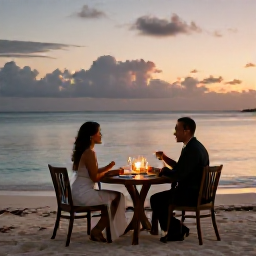 Caribbean Holidays, Dominican Luxury, Couple enjoying a private dinner on a Caribbean beach in the Dominican Republic at sunset, elegant table, soft lights and calm sea