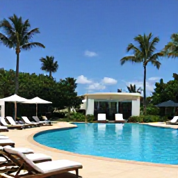 Caribbean Holidays, Dominican Luxury, Elegant Dominican Republic resort pool surrounded by tropical gardens, comfortable sun loungers and clear blue May sky
