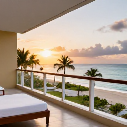 Caribbean Holidays, Dominican Luxury, Elegant luxury hotel suite with balcony overlooking a tropical Dominican beach at sunset