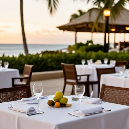 Caribbean Holidays, Dominican Luxury, Fresh Dominican seafood, tropical fruit and elegant outdoor dining at a luxury resort, Caribbean evening atmosphere
