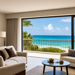 Caribbean Holidays, Dominican Luxury Holidays, Elegant Dominican Republic resort suite with private balcony overlooking turquoise sea, tasteful modern furnishings and tropical greenery
