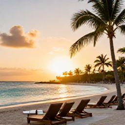 Caribbean Holidays, Dominican Luxury Holidays, Golden sunset over a luxurious Dominican Republic beach resort, calm turquoise water, palm silhouettes and elegant beachfront setting