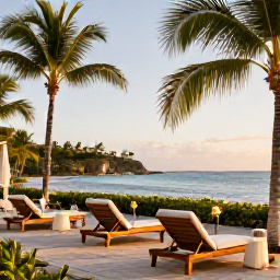 Caribbean Holidays, Dominican Luxury Holidays, Luxury beachfront resort on a calm Caribbean coast in the Dominican Republic, palm trees, elegant sun loungers and warm golden light