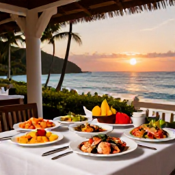 Caribbean Holidays, Dominican Luxury Holidays, Outdoor table at a sophisticated Caribbean restaurant in the Dominican Republic, fresh seafood, tropical fruit and sunset sea view