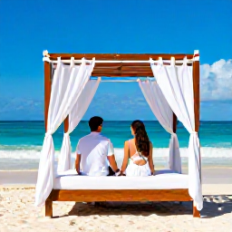 Caribbean Holidays, Dominican Luxury January, Couple enjoying a private beach cabana and gentle waves on a sunny Dominican Republic coast