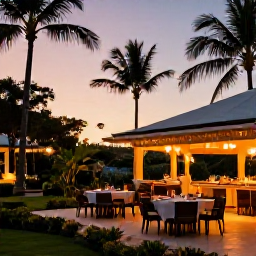 Caribbean Holidays, Dominican Luxury January, Elegant Dominican Republic restaurant serving fresh seafood at sunset, tropical garden setting and warm evening lighting
