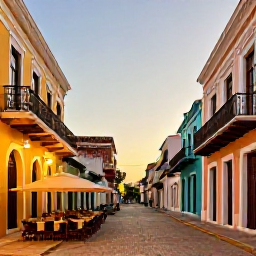Caribbean Holidays, Dominican Luxury June, Colourful colonial street in Santo Domingo, Dominican Republic, with historic buildings, caf&eacute;s and warm evening light