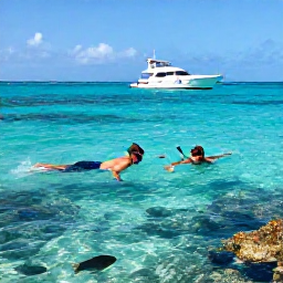 Caribbean Holidays, Dominican Luxury June, Couple snorkelling in clear turquoise water near a Dominican Republic reef, with tropical fish and a luxury boat nearby