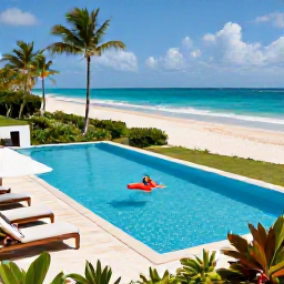 Caribbean Holidays, Dominican Luxury June, Elegant luxury resort pool overlooking a white-sand Caribbean beach in Punta Cana, with sun loungers and lush gardens