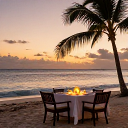 Caribbean Holidays, Dominican Luxury June, Romantic sunset dinner on a luxury Dominican Republic beach, with a candlelit table, palms and calm Caribbean waves
