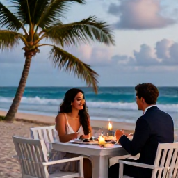 Caribbean Holidays, Dominican Luxury, Luxury beachfront dinner in the Dominican Republic with candles, tropical evening sky and gentle waves