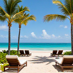 Caribbean Holidays, Dominican Luxury, Luxury beachfront resort in Punta Cana, Dominican Republic, under bright May sunshine, turquoise sea, palm trees and elegant loungers