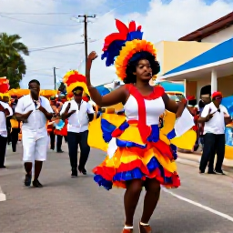 Caribbean Holidays, Dominican March Culture, Colourful Dominican Republic street parade in March with musicians, dancers and festive decorations