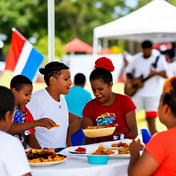 Caribbean Holidays, Dominican March Culture, Dominican family enjoying traditional food and live merengue music at an open-air cultural festival